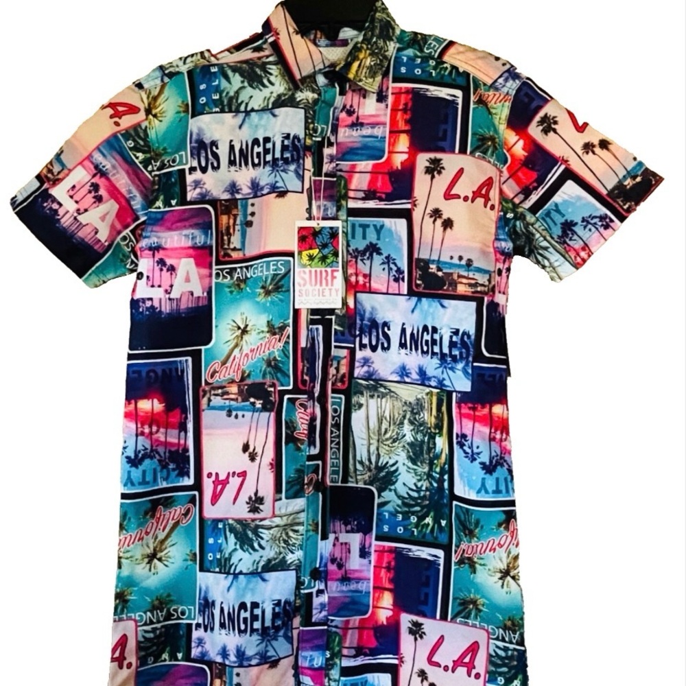 SURF SOCIETY NWT Unique LOS ANGELES Postcard LA MENS Casual Resort SHIRT Small